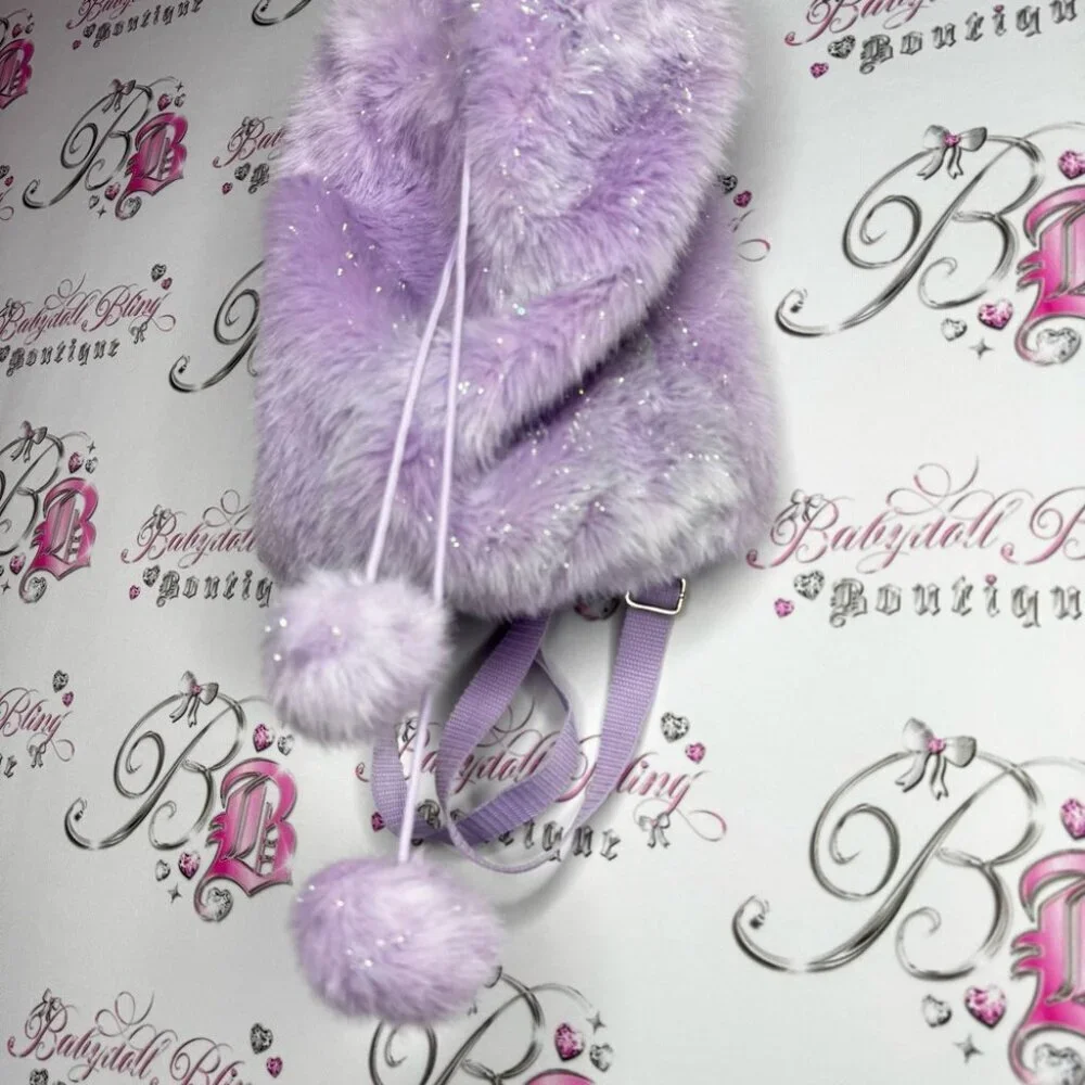 Furry backpack sparkly shimmer purple holographic Pom poms Faux Fur Backpack